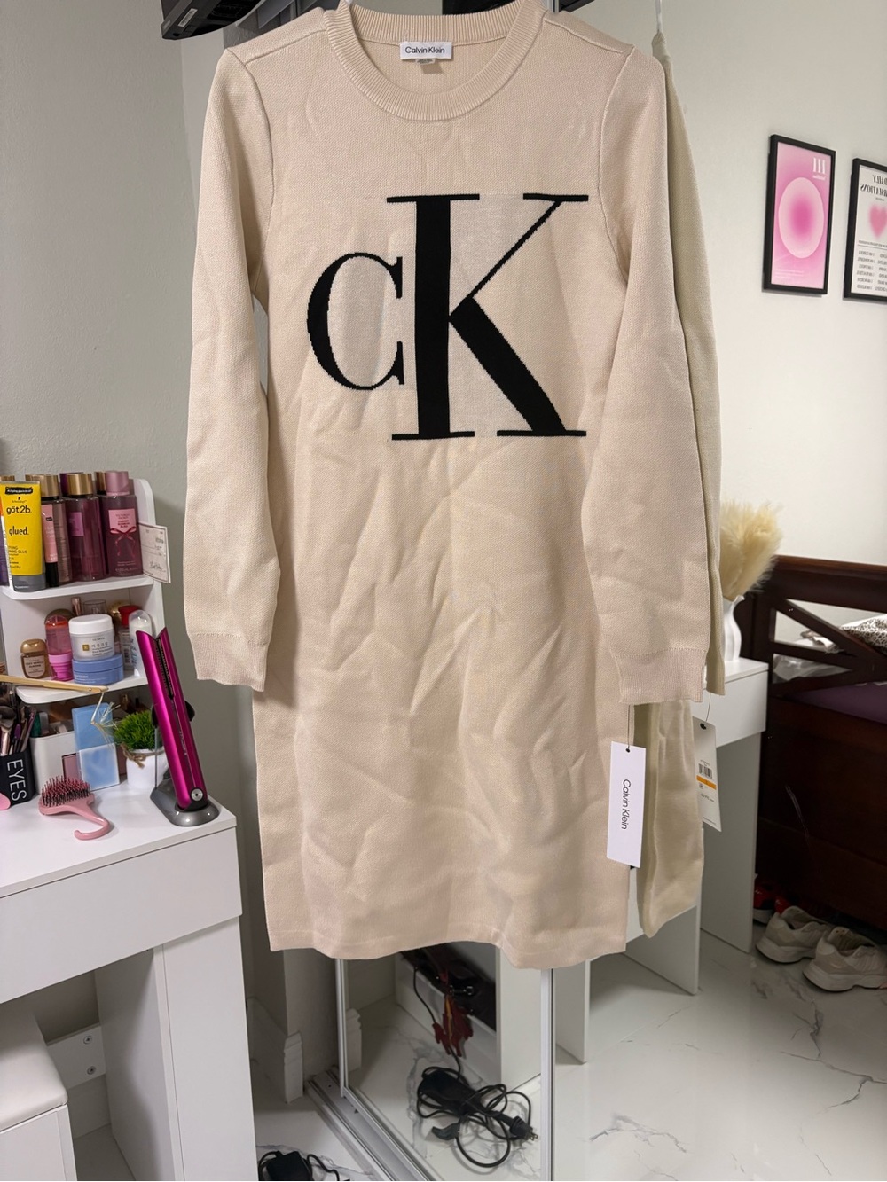 Calvin Klein Cream Long-Sleeve Logo Knit Dress